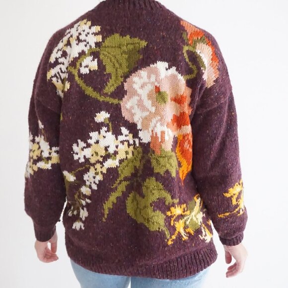 Vintage Handknit Express 30% Wool Maroon Knit Floral Mockneck Sweater M - Picture 3 of 10